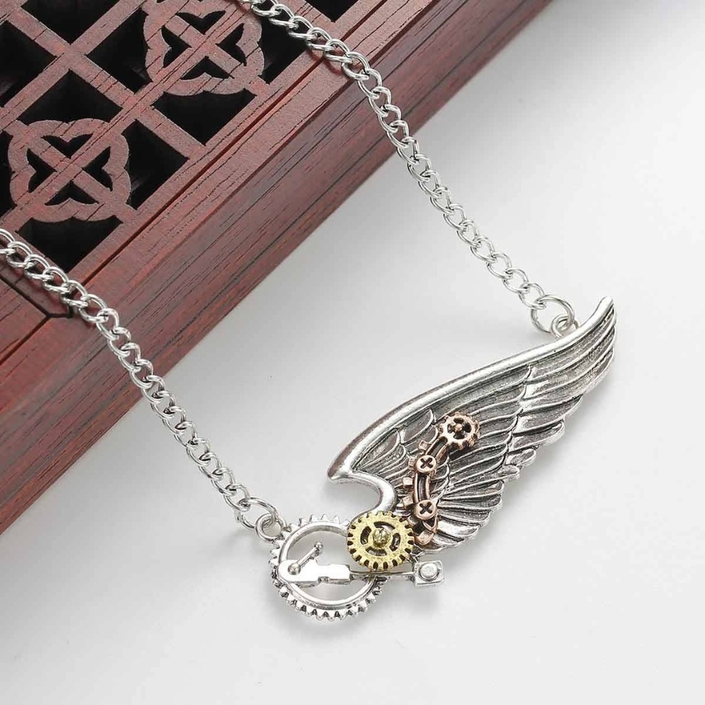 Steampunk Antique Silver Wing Necklace